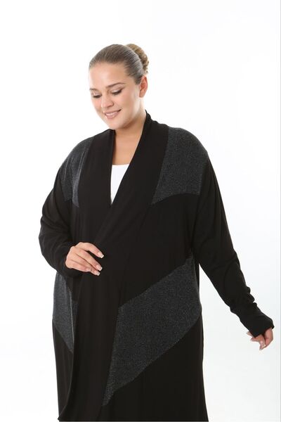 Butik Nilyam Women's Plus Size Asymmetrical Cut Glitter Detailed Stretchy Viscose Long Cardigan Black 25000