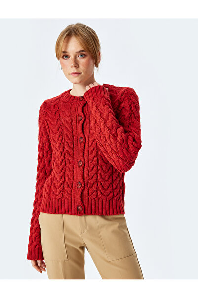 Koton Langärmlige Damen-Strickjacke mit Rundhalsausschnitt und Haarstrick mit Knöpfen