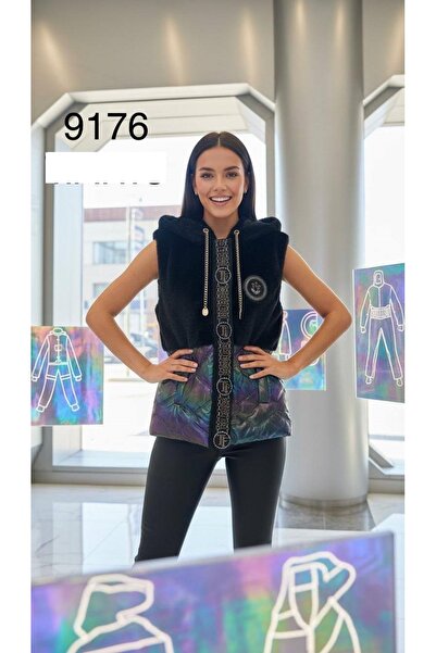 bonibon butikk Women's Quality Vest with Fur Texture on the Top and Quilted Fabric Detail on the Bottom
