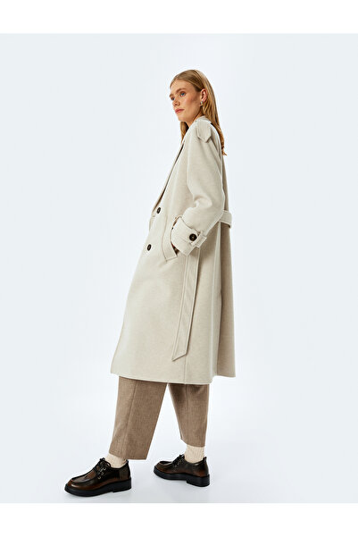 Koton Long Sleeve Epaulet Detailed Belted Pocketed Double Breasted Long Coat