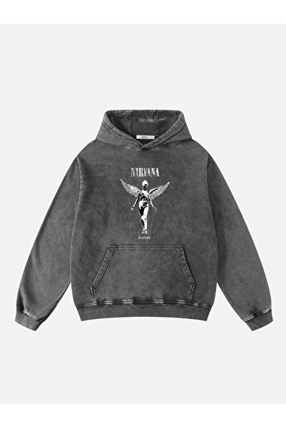 Ginevra Unisex Yıkamalı Nirvana Baskılı Kapüşonlu Oversize Sweatshirt