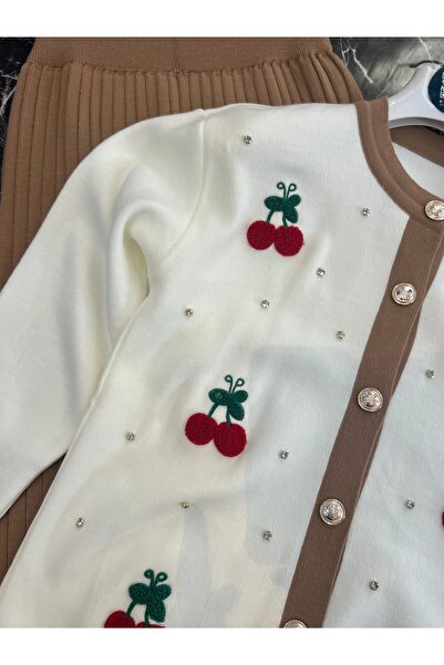 MY QILAM Women's Hijab Knitwear Set Cherry Embroidered Cardigan with Skirt Top and Bottom Set Beige