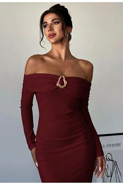 albaroda Kadın Bordo Madonna Yaka Uzun Kollu Bodycon Elbise