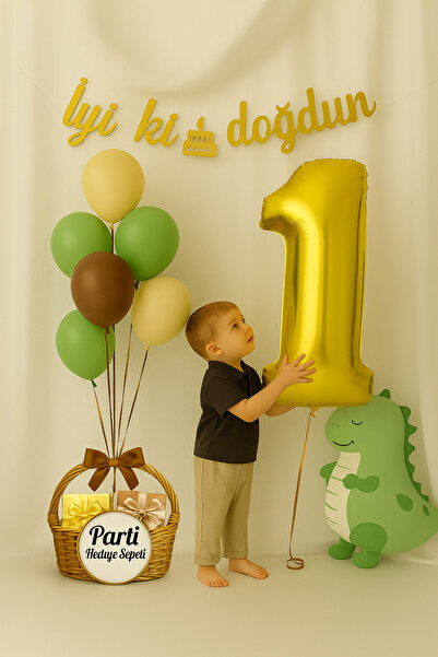 parti hediye sepeti Dinozor Temalı Doğum Günü Balon Seti Su Yeşili Kahverengi Beyaz | Rakam Folyo ve İyi Ki Doğdun