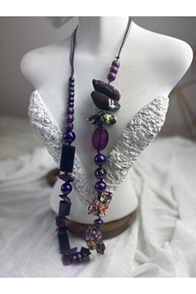 SEDEF TAKI Mor Vintage incili ahşap uzun kolye