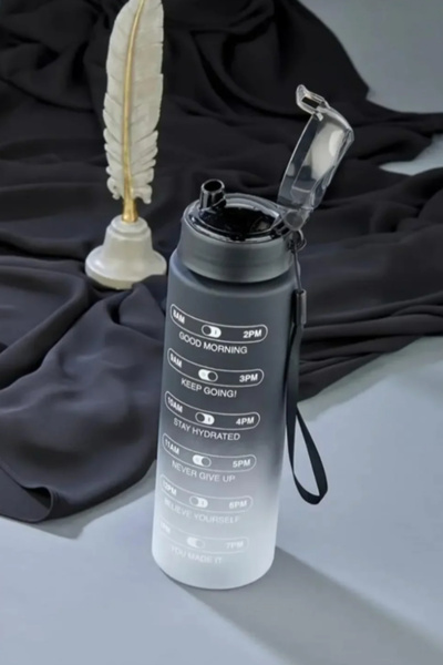 MGEStore Matte Black Water Bottle with Motivational Writing and Time Schedule, Portable for Sports and Office, 800ml