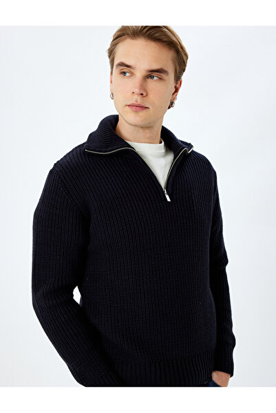 Koton Μακρυμάνικο βασικό χειμωνιάτικο πλεκτό πουλόβερ με μισό φερμουάρ