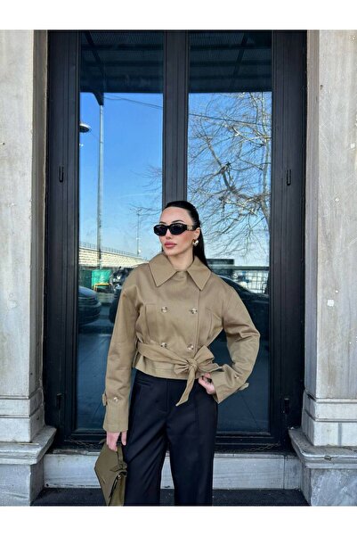 MODAGK Women's Double-Breasted Short Trench Coat Camel