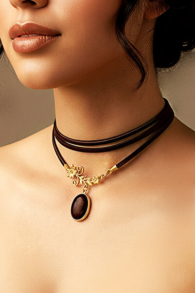 LADYMİRAGE Agate Stone Genuine Leather Choker Necklace
