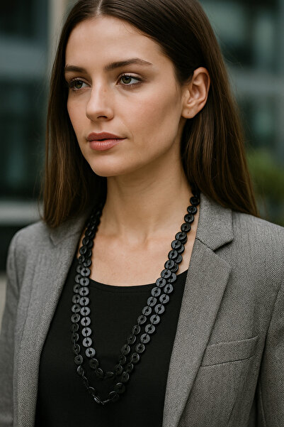 SEDEF TAKI Siyah ahşap boncuklu şehir kolye