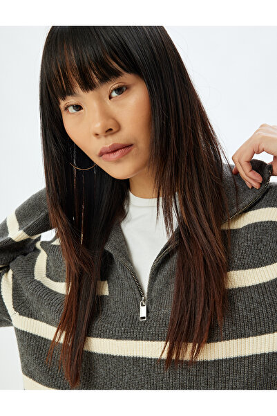 Koton Pullover mit halbem Reißverschluss, Oversize-Pullover mit Stehkragen, langen Ärmeln und Farbblockierung