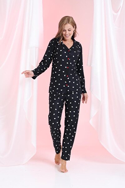 Hepyek Long Sleeve Front Button Suede Pajama Set