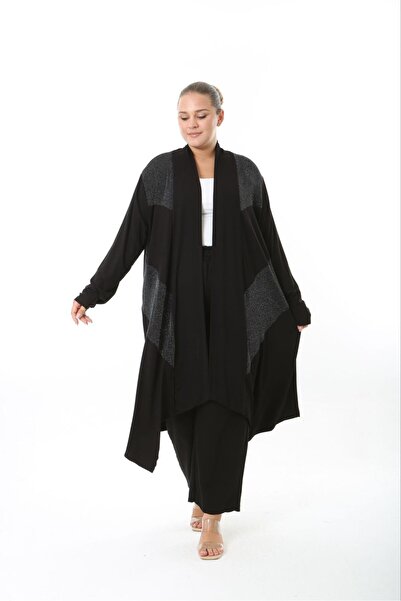 Butik Nilyam Women's Plus Size Asymmetrical Cut Glitter Detailed Stretchy Viscose Long Cardigan Black 25000