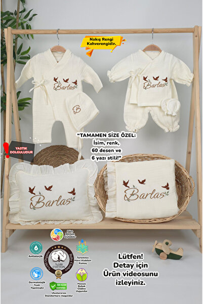 gros shop Müslin Yeni Doğan 4Katlı Organik %100Pamuk Kişiye Özgü Nakışlı Hast...