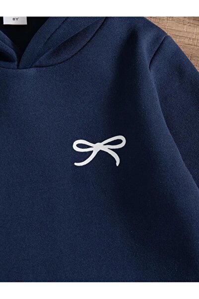 buendiakids Kız\Erkek Çocuk Lacivert Minimal Kurdele Baskılı Kapşonlu Sweatshirt
