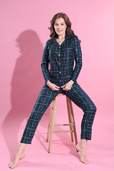 Hepyek Long Sleeve Front Button Suede Pajama Set