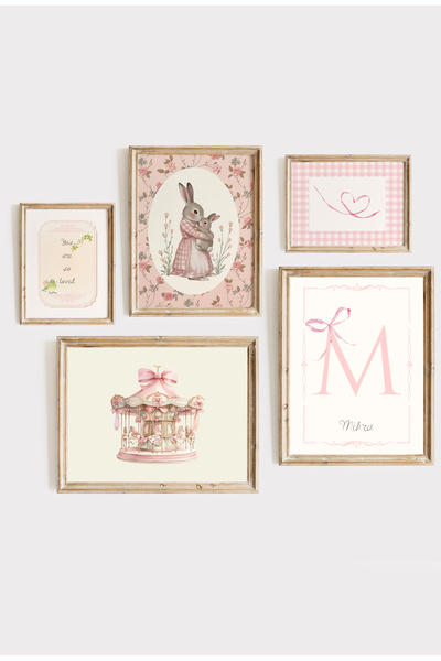 Kids Vintage Pembe Çerçeveli 5'li Kız Çocuk Odası Poster Seti
