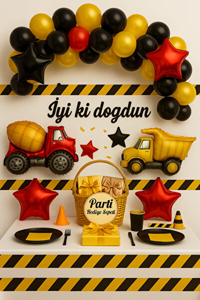 parti hediye sepeti İnşaat Temalı Doğum Günü Balon Seti Kamyon Mikser Folyo | Siyah Gold Kırmızı Yıldızlı Parti Süsleri