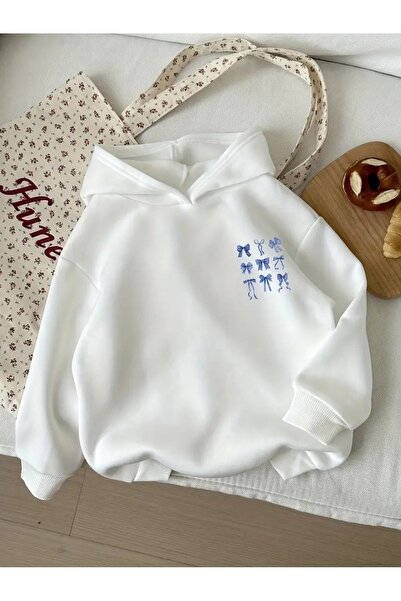 buendiakids Kız\Erkek Çocuk Beyaz Minimal Kurdeleler Sırt Ve Ön Baskılı Kapşo...