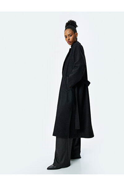 Koton Double-Breasted Long Coat with Pockets and Belt