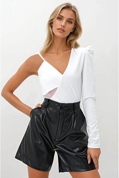 OLSAMODA Women's Cut-Out Detail One-Sleeve Tulle Accented Asymmetric Cut Flexible Fabric Bluse
