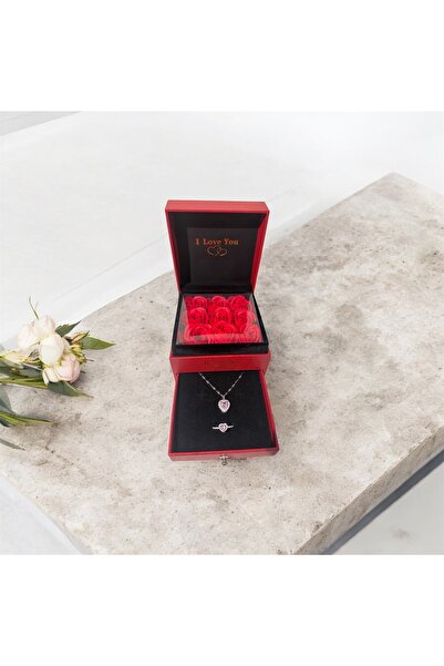 Sarego Best Wishes Zirkon Taş Kalpli Kolye Yüzük Seti Güllü Takı Kutusu Kırmızı Kutu Şık ve Anlamlı Hediye