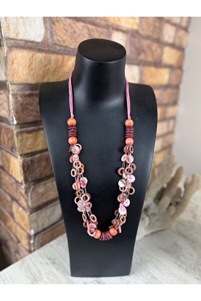 SEDEF TAKI Pembe ahşap boncuklu Vintage uzun kolye