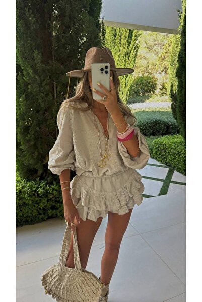Miss Beyoğlu Beka muslin kumaş pileli şort elbise