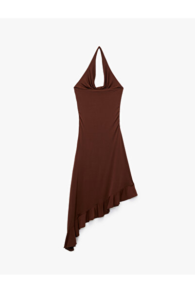 Koton Degaje Yaka Asimetrik Kolsuz Drapeli Midi Elbise