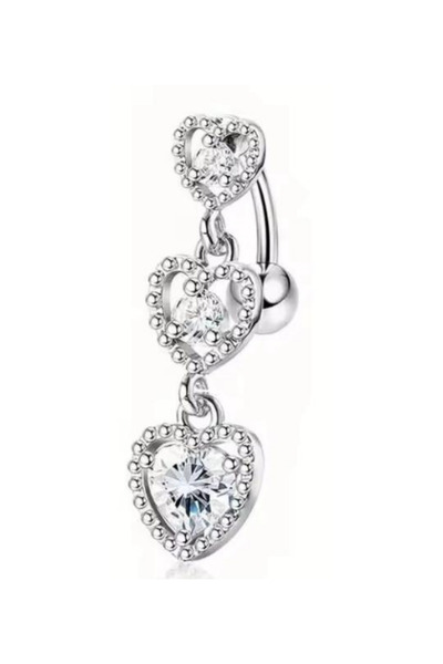 Blisse Piercing Kadın Gümüş 3 Sıra Kalp Sallantılı Cerrahi Çelik Göbek Piercing
