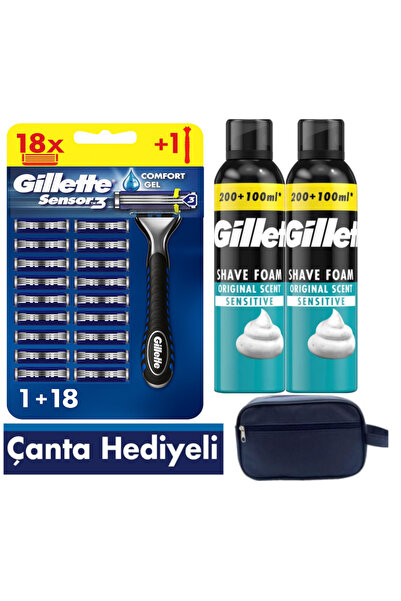 Gillette Sensor3 Tıraş Makinesi + 18 Yedek Tıraş Bıçağı+ 600 ML Köpük +Çanta