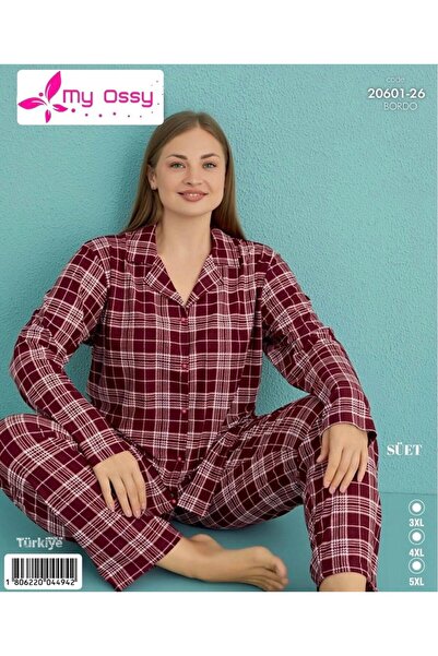 my ossy Women's Plus Size Burgundy Plaid Front Buttoned Suede Pajama Set