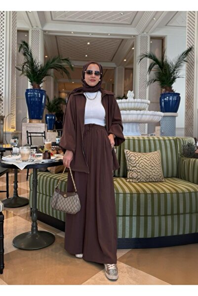 Aselim Hijap Moda Eleganza Palazzo Zippered Two-Piece Set – Seasonal - Size 36-50 Light Brown