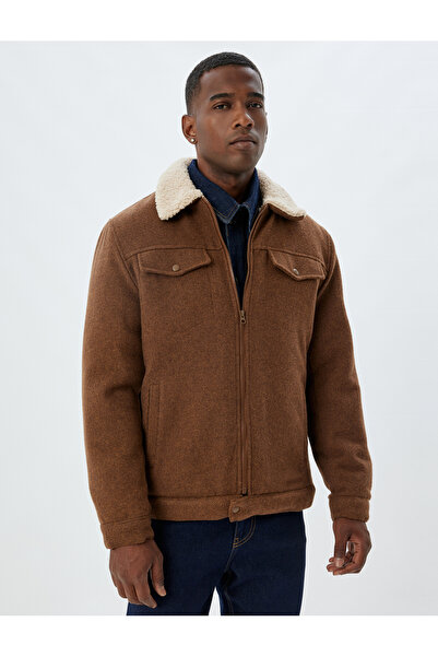 Koton Plush Collar Jacket Slim Fit Pocket Detail Zippered Cotton Blend