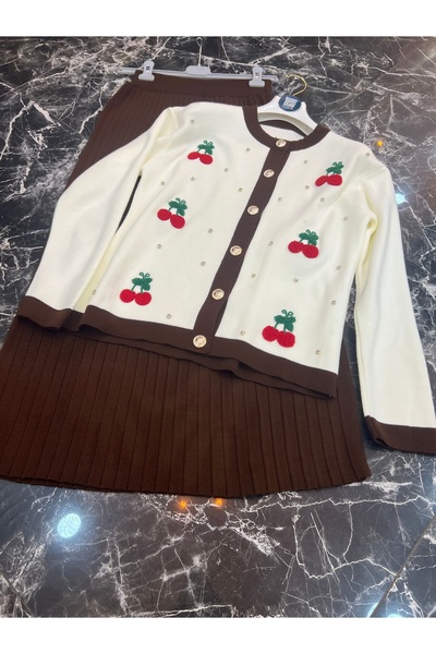 MY QILAM Women's Hijab Knitwear Set Cherry Embroidered Cardigan with Skirt Top and Bottom Set Brown