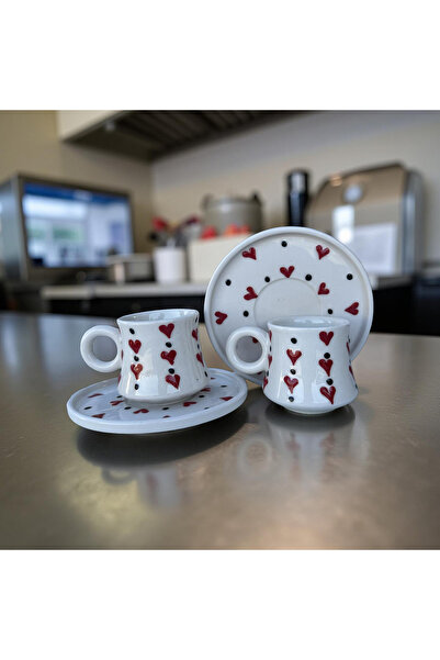 İlbay Çini Takı Red Heart Patterned Turkish Coffee Cup Set for 2 People