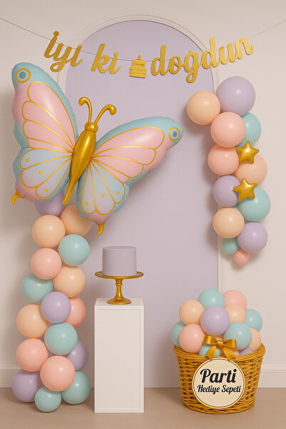 parti hediye sepeti Kelebek Temalı Doğum Günü Balon Seti Pembe Lila Mavi Pastel | Gold Yıldız Folyo ve İyi Ki Doğdun