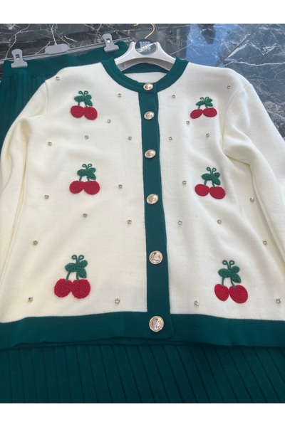 MY QILAM Γυναικείο Σετ Χιτζάμπ Πλεκτό Κεντημένο με Κεράσια Ζακέτα με Φούστα Πράσινο