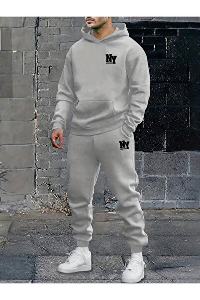 FUFLUNS طقم بدلة رياضية نسائية/رجالية مطبوعة بتصميم NY مع قلنسوة وحجم كبير