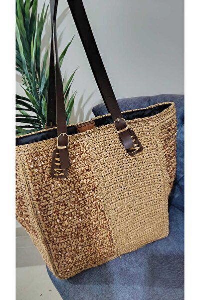symaslandesign Hasır örgü omuz çantası,pullu plaj çantası, el örgüsü