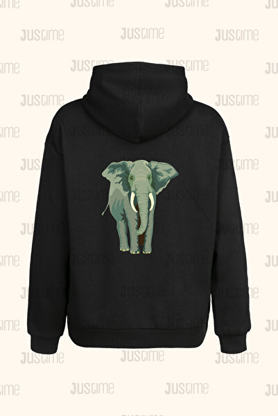 Justime تصميم فيل فيكتوريل بطباعة خلفية للجنسين، سويت شيرت أسود بقلنسوة مع جي...