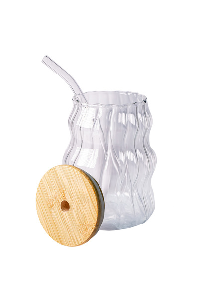China WaveSip Mug – 400ml, wavy glass with bamboo lid & straw