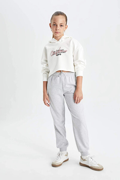 DeFacto Y1226 Gray Girls' Gray Standard Fit School Jogger Sweatpants with Elastic Waist and Cuffs