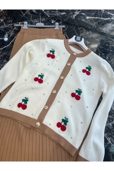 MY QILAM Women's Hijab Knitwear Set Cherry Embroidered Cardigan with Skirt Top and Bottom Set Beige