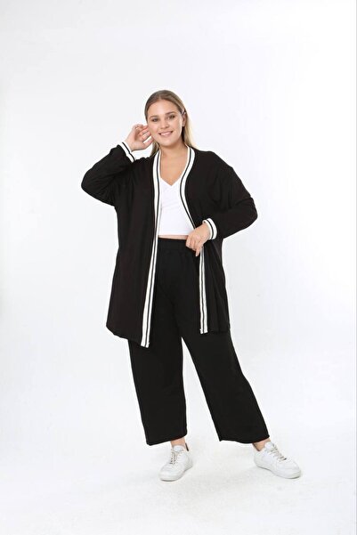 Butik Nilyam Γυναικεία ζακέτα μεγάλου μεγέθους ριγέ με μακρύ μανίκι μπροστά ανοιχτή ελαστική βισκόζη 25001 Μαύρη