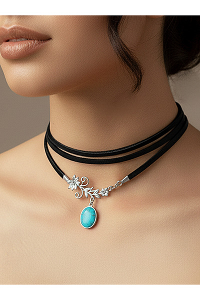 LADYMİRAGE Real Leather Turquoise Stone Choker Necklace