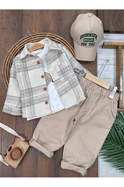 ADDA 4-Piece Baby Boy Set with Lumberjack Shirt, Cotton Printed Casual Pants, Comfortable Fabric and Hat