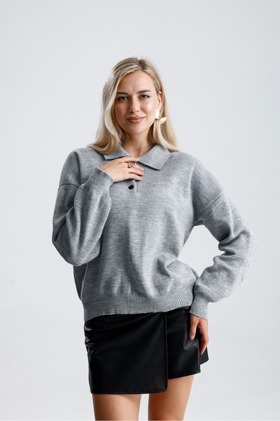 Rawanda Pulover de tricotat gri pentru femei, cu guler polo, de bază