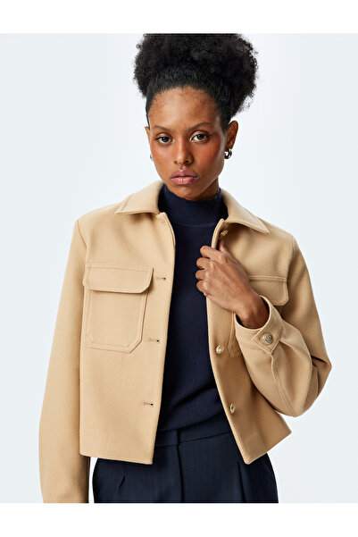 Koton Classic Collar Buttoned Pocket Detailed Crop Jacket