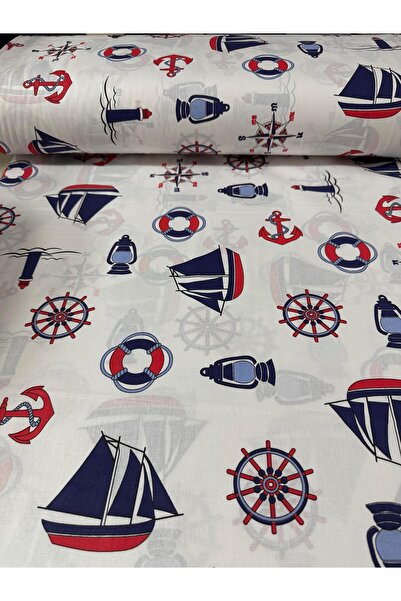 SELONYA Ranforce Gemi Desenli %100 Pamuk Nevresimlik Kumaş - Metrelik Kumaş 1...
